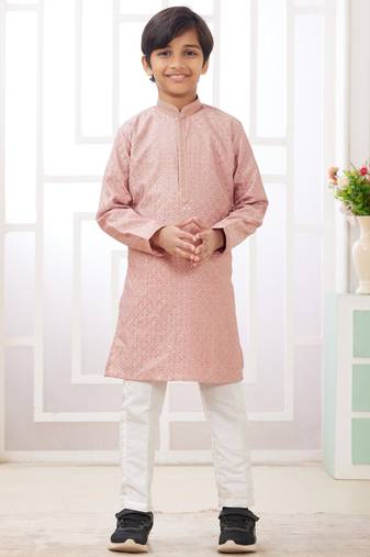 Peach embroidery art silk   kurta set for boys