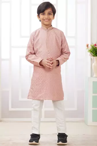 Peach embroidery art silk   kurta set for boys