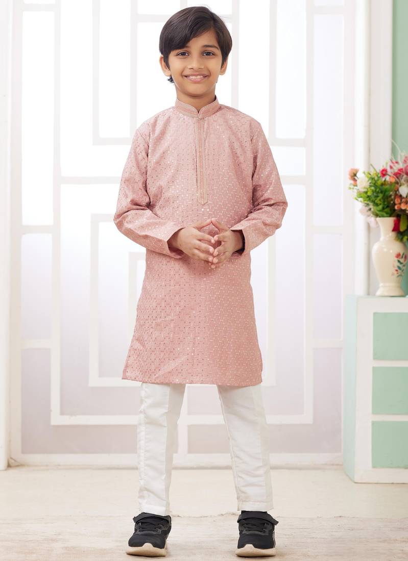 Peach embroidery art silk  kurta set for boys