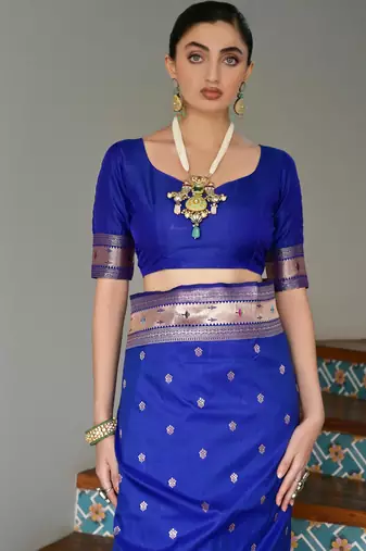 Royal blue ethnic traditional banarasi silk blend paithani woven saree