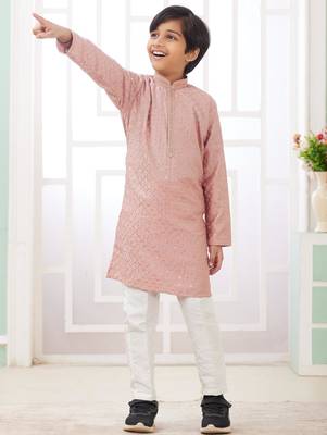 Peach embroidery art silk   kurta set for boys 2