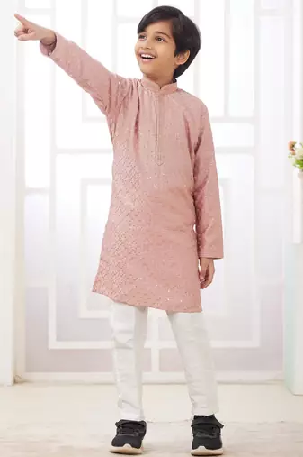 Peach embroidery art silk   kurta set for boys
