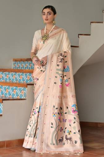 Off white ethnic traditional banarasi silk blend paithani woven saree