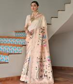 Off white ethnic traditional banarasi silk blend paithani woven saree