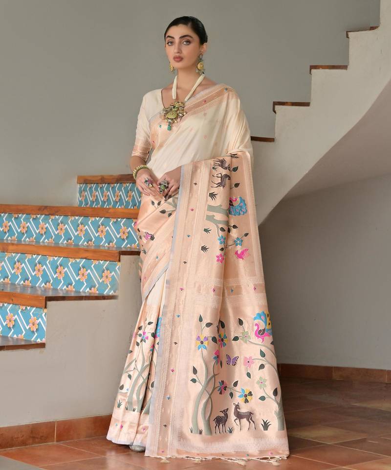 Off white ethnic traditional banarasi silk blend paithani woven saree