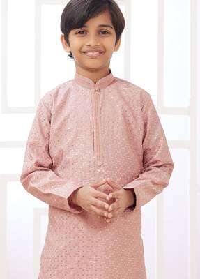 Peach embroidery art silk   kurta set for boys 3
