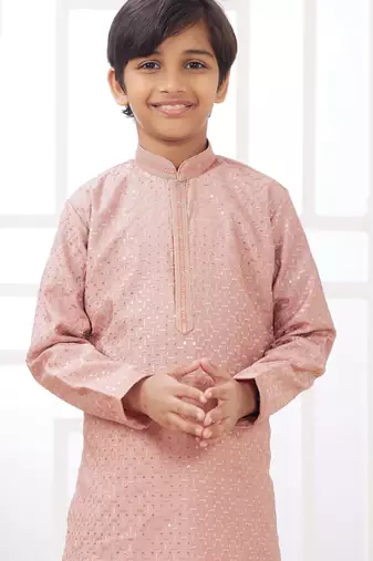 Peach embroidery art silk   kurta set for boys