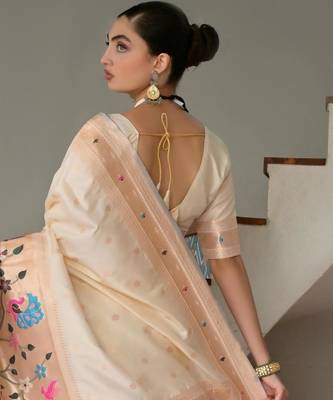Off white ethnic traditional banarasi silk blend paithani woven saree 2