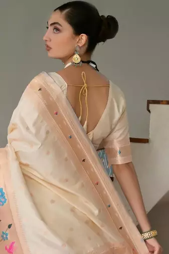 Off white ethnic traditional banarasi silk blend paithani woven saree