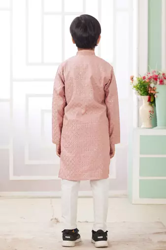 Peach embroidery art silk   kurta set for boys