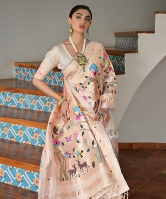 Off white ethnic traditional banarasi silk blend paithani woven saree 3