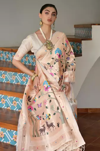 Off white ethnic traditional banarasi silk blend paithani woven saree