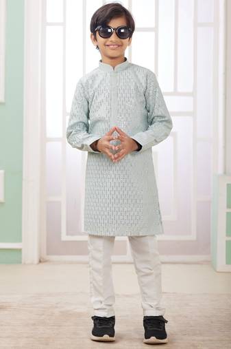 Green embroidery art silk  kurta set for boys