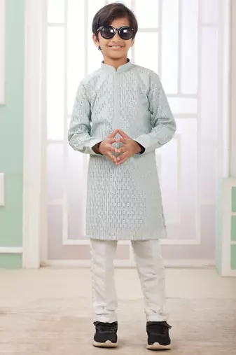 Green embroidery art silk   kurta set for boys