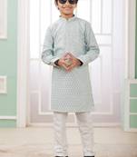 Green embroidery art silk  kurta set for boys