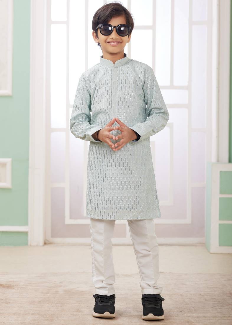 Green embroidery art silk  kurta set for boys