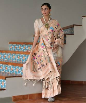 Off white ethnic traditional banarasi silk blend paithani woven saree 4