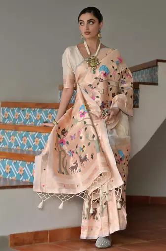 Off white ethnic traditional banarasi silk blend paithani woven saree