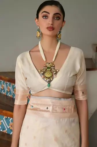 Off white ethnic traditional banarasi silk blend paithani woven saree