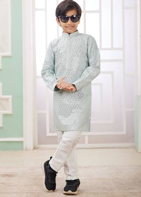 Green embroidery art silk   kurta set for boys 2