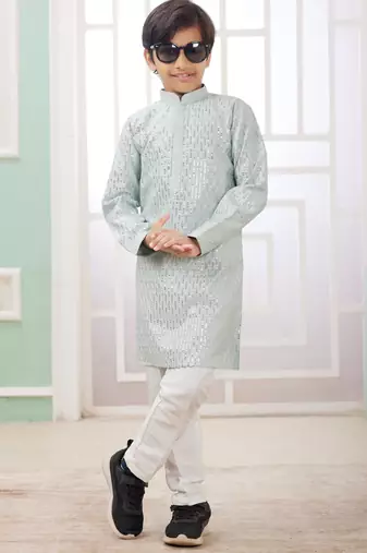 Green embroidery art silk   kurta set for boys