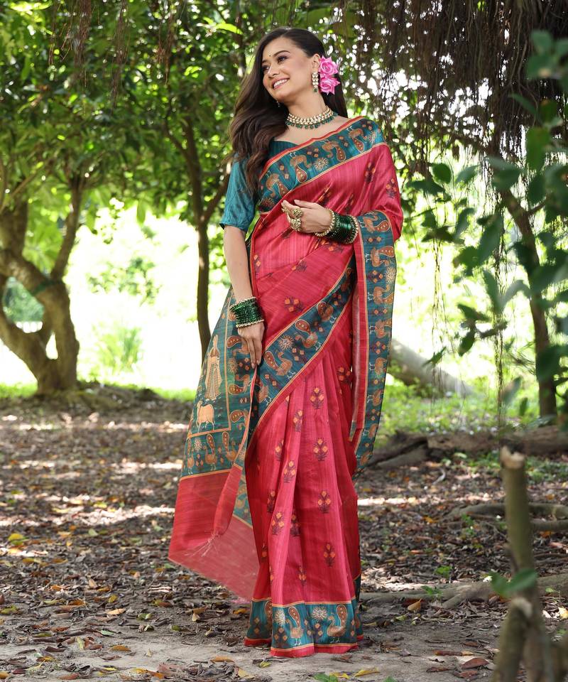 Maroon tussar silk blend peacock printed festive rich fancy saree