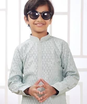 Green embroidery art silk   kurta set for boys 3