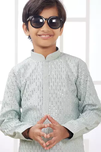 Green embroidery art silk   kurta set for boys