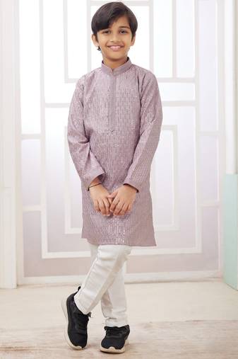 Purple embroidery art silk   kurta set for boys