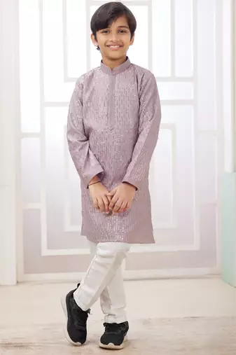 Purple embroidery art silk   kurta set for boys