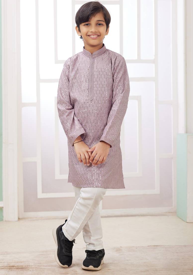 Purple embroidery art silk  kurta set for boys