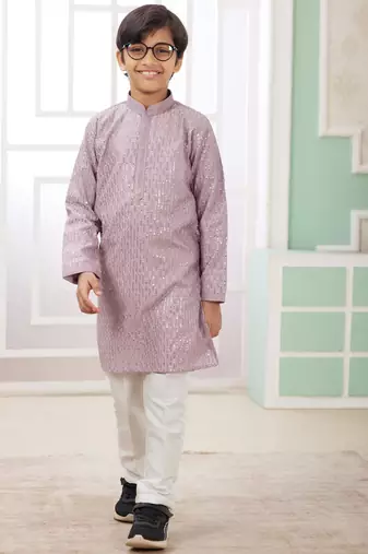 Purple embroidery art silk   kurta set for boys