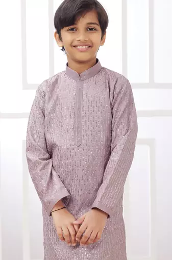 Purple embroidery art silk   kurta set for boys