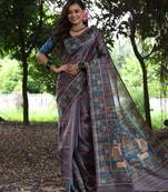 Grey tussar silk blend peacock printed festive rich fancy saree