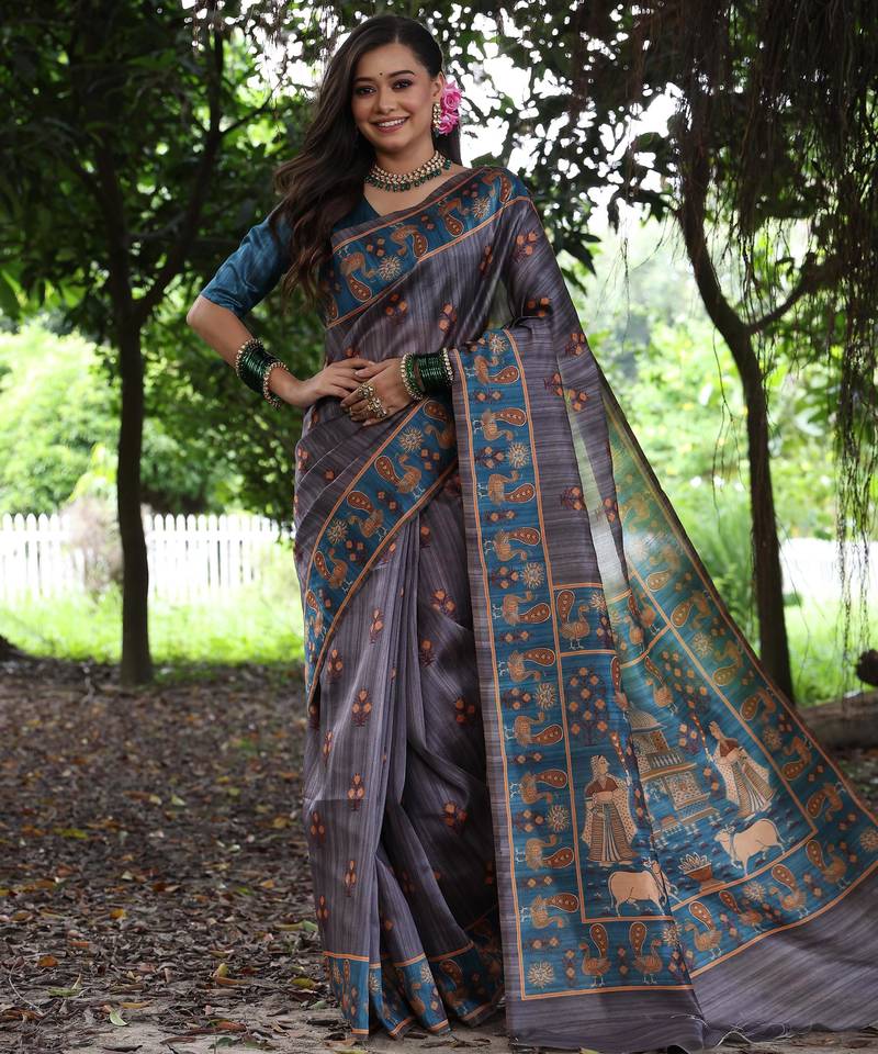 Grey tussar silk blend peacock printed festive rich fancy saree