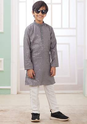 Grey embroidery art silk   kurta set for boys 1