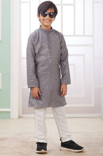 Grey embroidery art silk   kurta set for boys