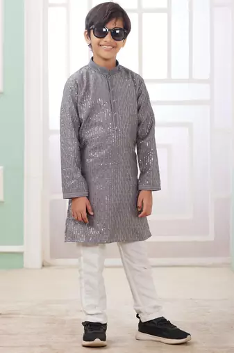 Grey embroidery art silk   kurta set for boys