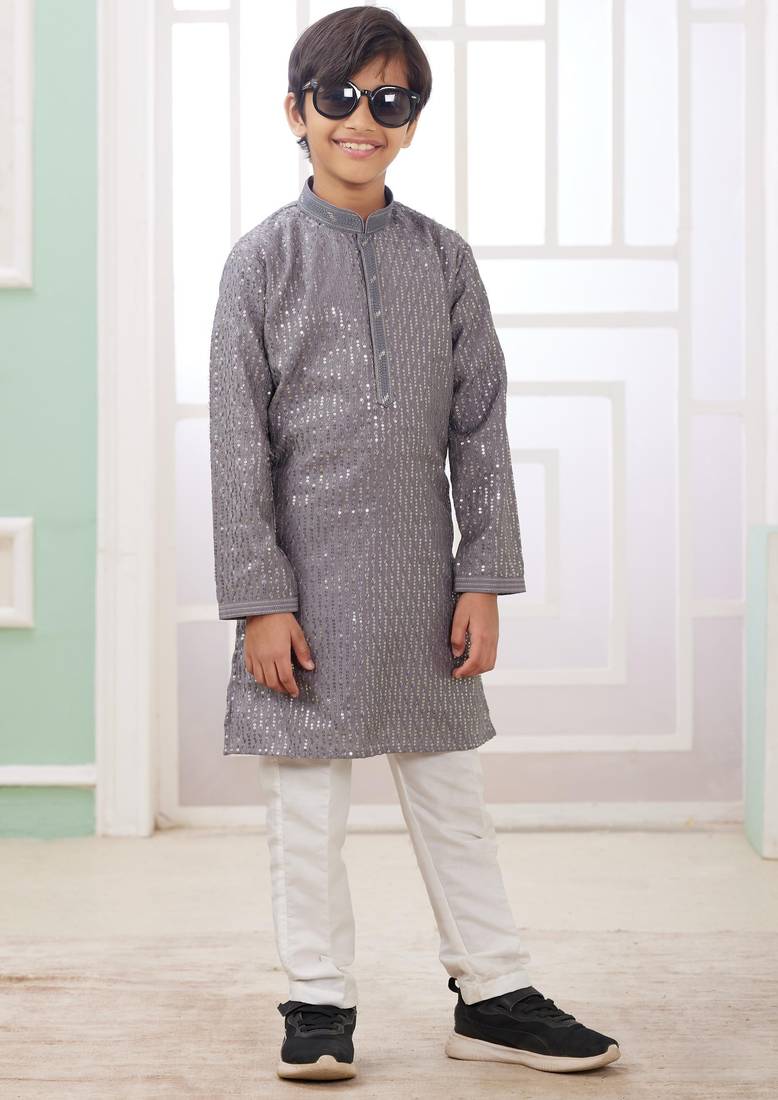 Grey embroidery art silk  kurta set for boys