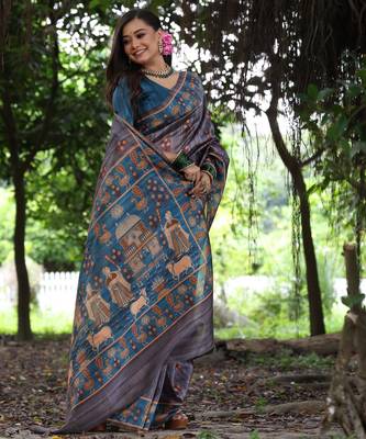 Grey tussar silk blend peacock printed festive rich fancy saree 2