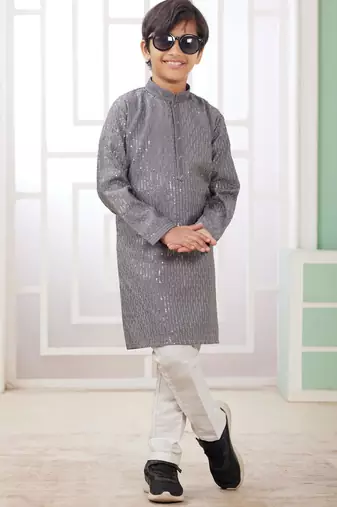 Grey embroidery art silk   kurta set for boys