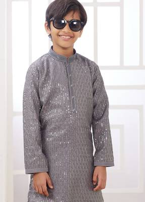 Grey embroidery art silk   kurta set for boys 3