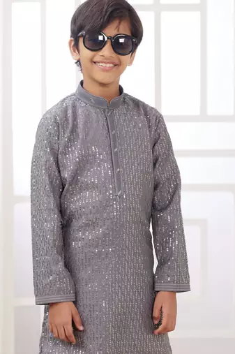 Grey embroidery art silk   kurta set for boys