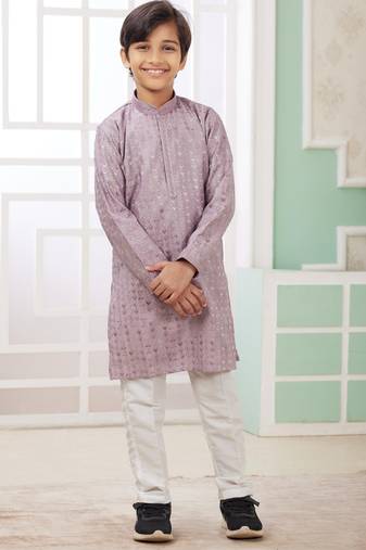 Purple embroidery art silk  kurta set for boys