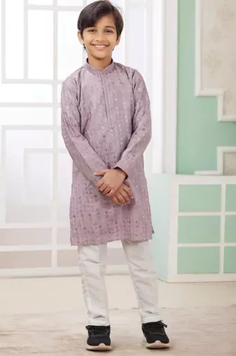 Purple embroidery art silk   kurta set for boys