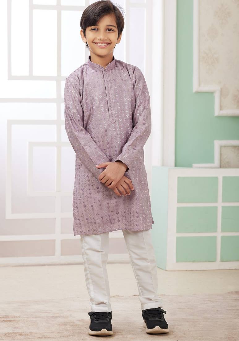 Purple embroidery art silk  kurta set for boys