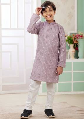 Purple embroidery art silk   kurta set for boys 2