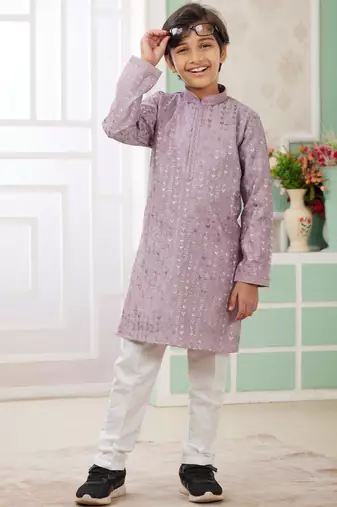 Purple embroidery art silk   kurta set for boys