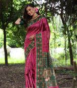 Pink tussar silk blend peacock printed festive rich fancy saree