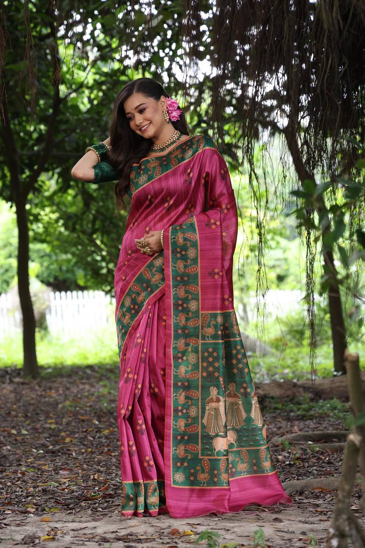 Pink tussar silk blend peacock printed festive rich fancy saree